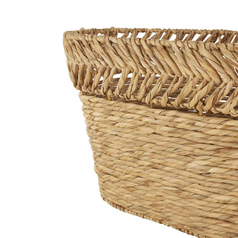 Brown Seagrass Handmade Large Woven Oval Decorative and Functional Storage Basket with Zig Zag Patterned Rim