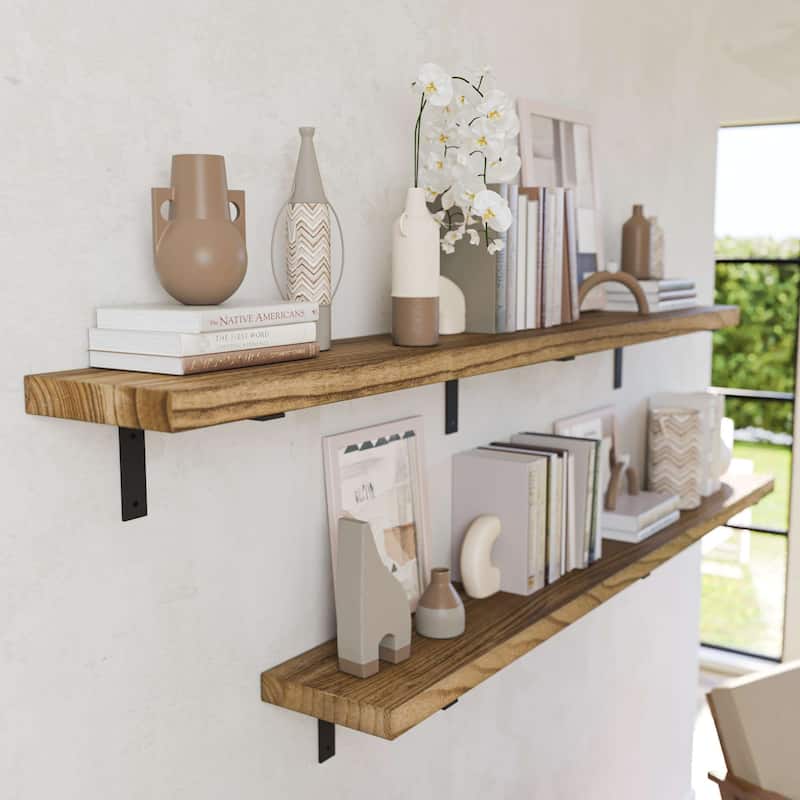 Wallniture Cervo 60-72-84 inch Long, Floating Wood Wall Shelf with Heavy Duty Brackets for Home Decor, Storage and Organization