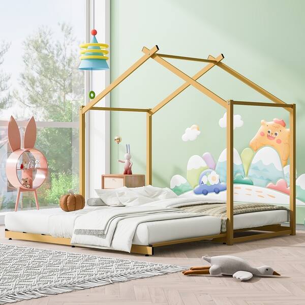 slide 2 of 7, Modern Twin House Platform Bed with Trundle, Metal Montessori Bed Frame for Kids Teens Girls Boys, No Box Spring Needed, Gold Gold - Twin
