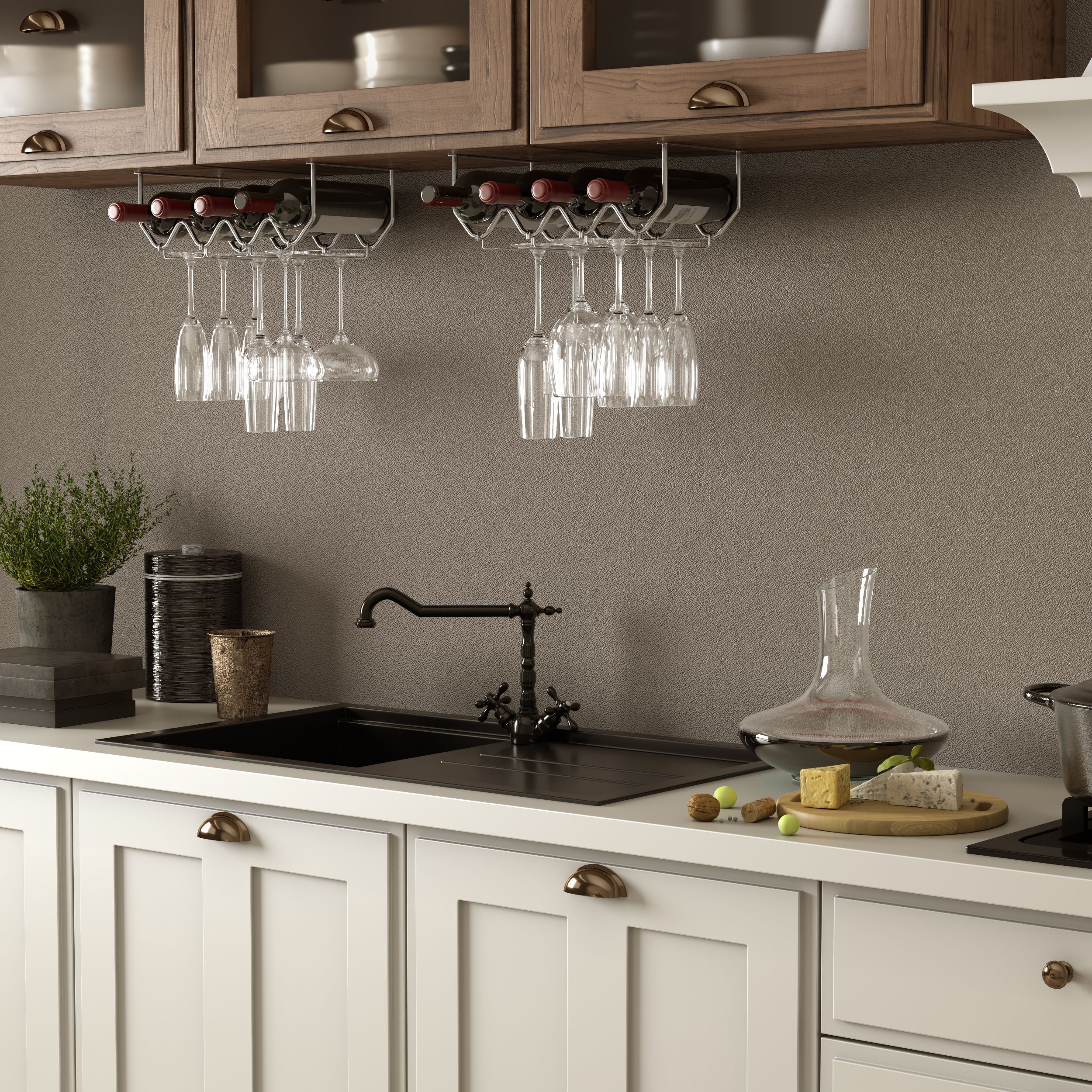 Wallniture Piccola Under Cabinet Wine Bottle Holder and Stemware Rack Set of 2