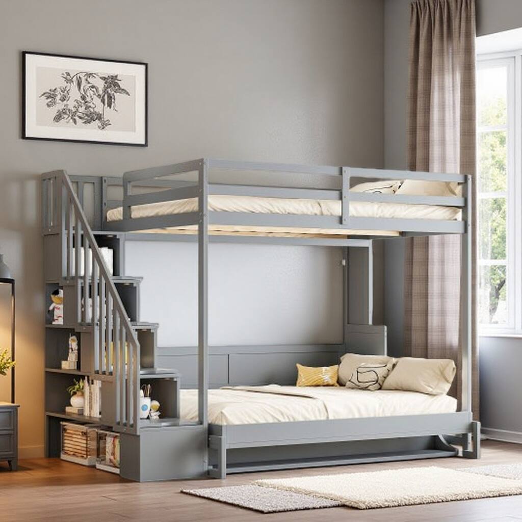 Full Size Convertible Murphy Bunk Bed with Hydraulic Lift, Built-in Desk & Storage Staircase, Space-Saving Wall Bed
