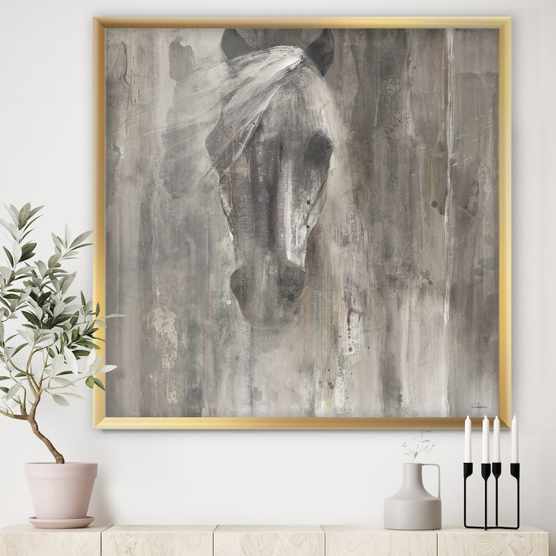 Designart "Farmhouse Horse" Modern Farmhouse Framed Art Print - 16 in. wide x 16 in. high - Gold