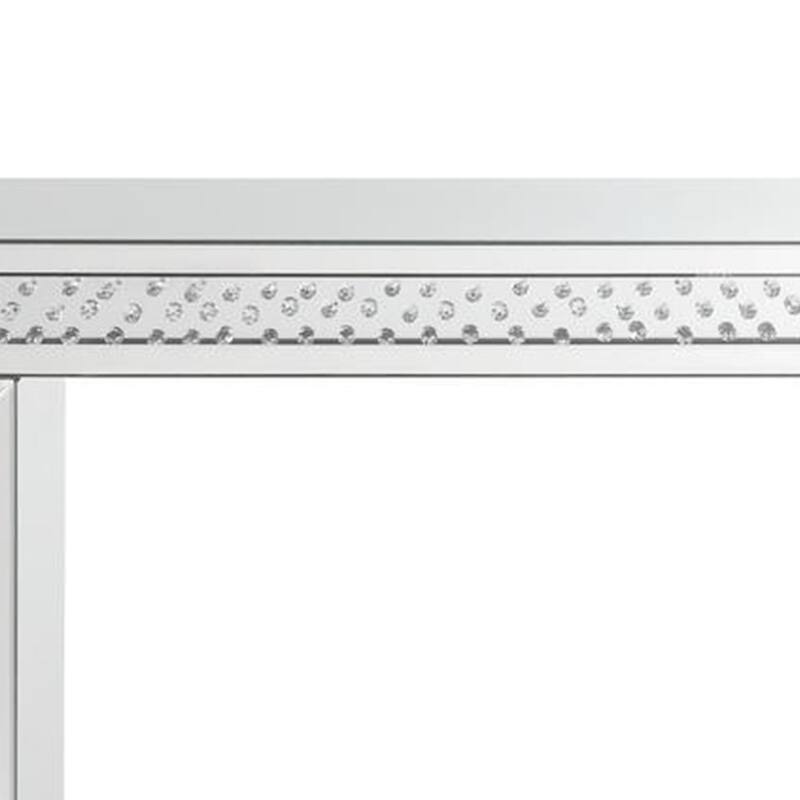 Mirror Accented Wood And Glass Vanity Desk With Faux Crystal Inlay, Silver