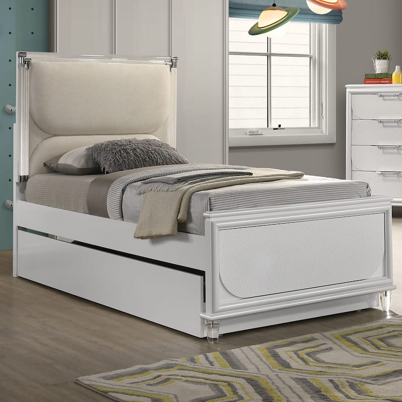 Furniture of America Drima Modern Pearl White Solid Wood Kids Platform Bed with LED Headboard