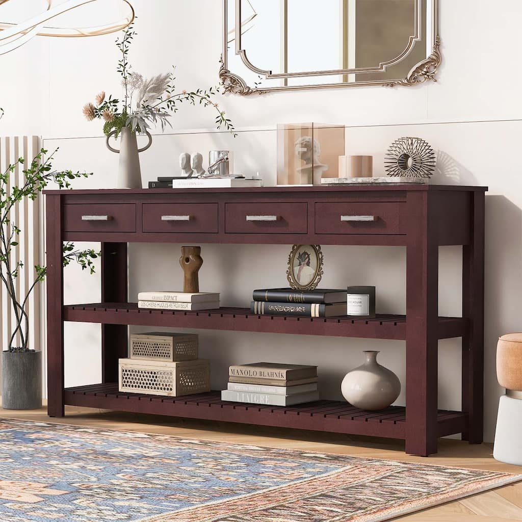 Entryway Console Table with Four Drawers and Two Shelves,Ideal for Living Rooms and Various Home Spaces