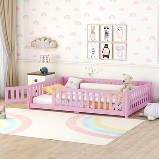 Full Size Bed Floor Bed with Safety Guardrails and Door for Kids