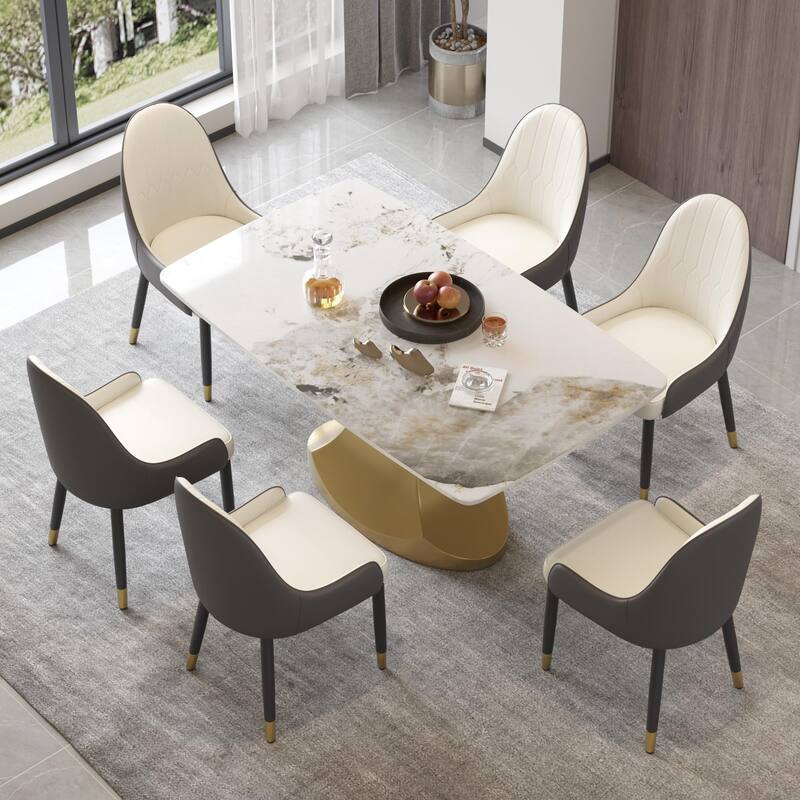 Dining Table for 6~8 Person, Faux Marble Kitchen Dining Table with Gold Pedestal. - 63" - Off White