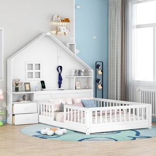 White Wooden House Platform Bed with Window and Roof, Bedside Drawers, Shelves, Sockets, and USB Port