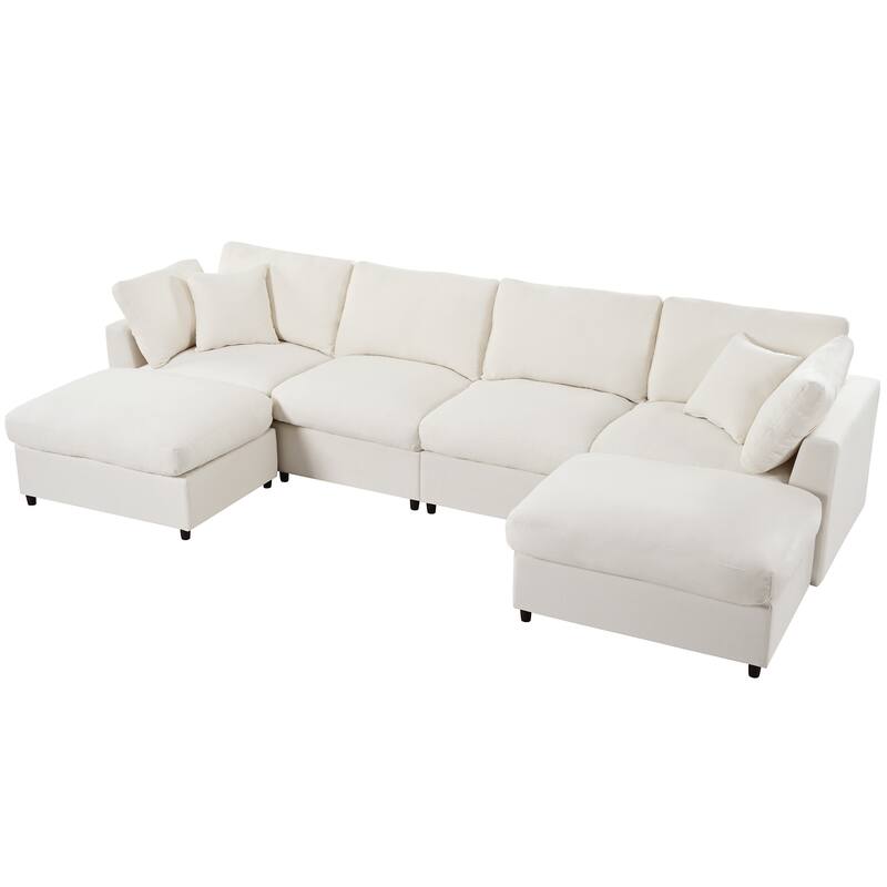 U-Shaped Modular Sectional Sofa with 2 Movable Ottomans, Oversized Chenille Upholstered Sofa, 6 Seater Sofa with Pillows