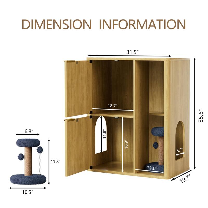31.5" Walnut Cat Litter Cabinet with Cat Tree, Grooved Concealed Litter Furniture Featuring Dual Cat Doors and Storage Shelves
