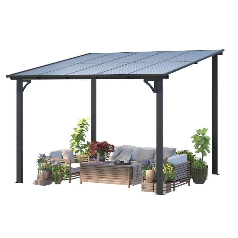 AECOJOY Large Wall-Mounted Heavy Duty Gazebo Hard Top Lean to Pergola with Roof - 10x10 FT