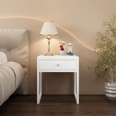 Modern White Nightstand With Drawer, Minimalist Bedside Table With Wood Knob, Compact End Table,Easy Assembly