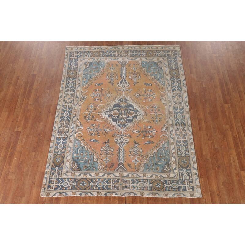 Geometric Tabriz Persian Vintage Area Rug Hand-Knotted Wool Carpet - 6'4"x 8'2"