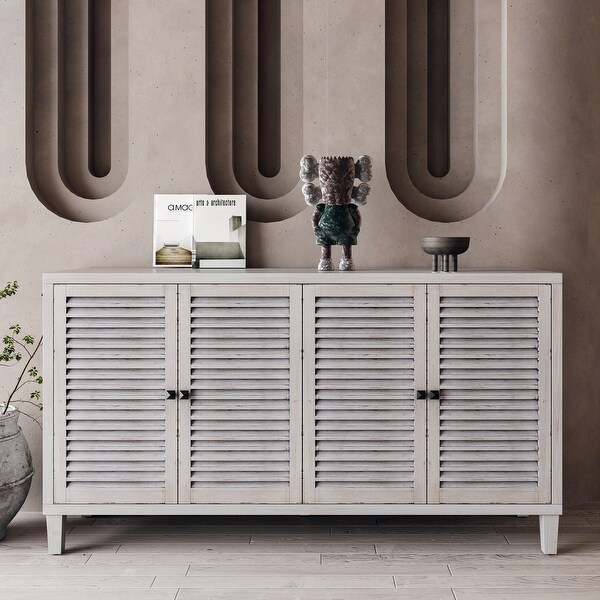 Distressed White Accent Cabinet with 4 Shutter Doors Storage for Various Rooms Bed Bath Beyond 40921451