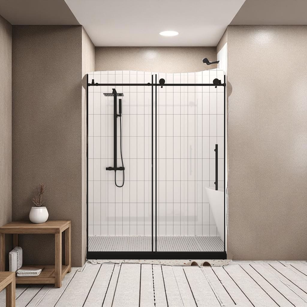 60x76 in. Sliding Shower Door, Frameless Tempered Glass with Stainless Handle, Quiet Wheels, Leakproof