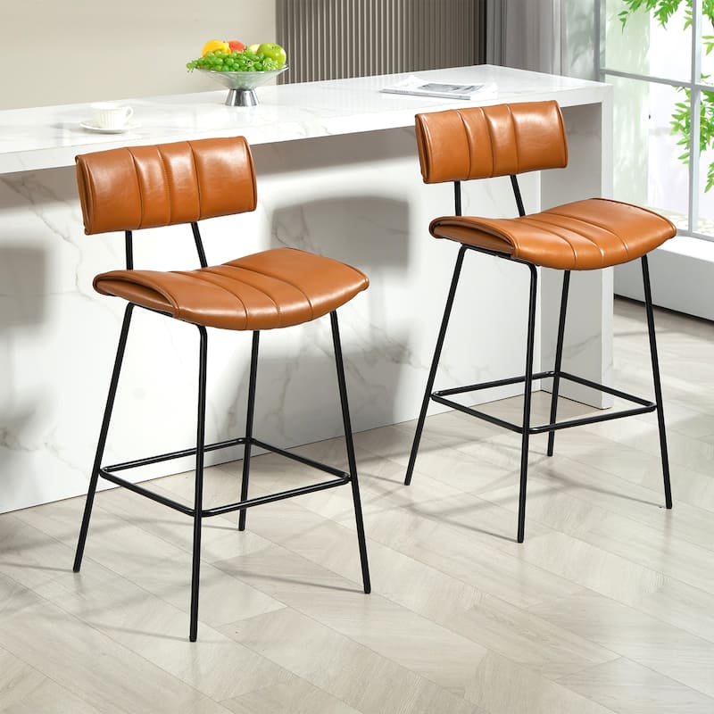 Set of 2 Belita Brown Faux Leather Bar Stool with Black Metal Legs