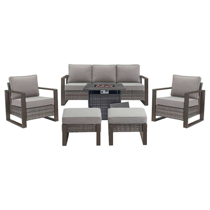Pocassy Outdoor Fire Pit with 3-Seat Sofa Club Chairs Patio Furniture Set