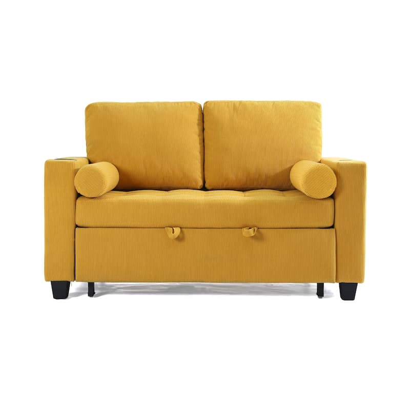 2 Set Corduroy Convertible Sleeper Sofa Bed Loveseats with Cup Holder, USB Ports & Storage