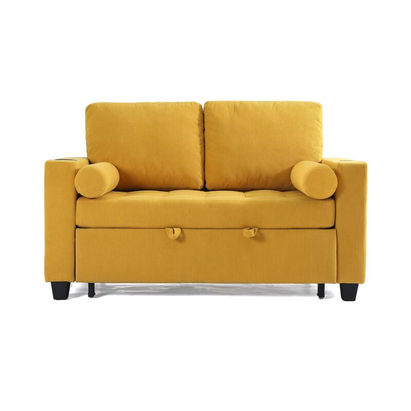 Corduroy Convertible Loveseat Sofa Bed Recliner with Cup Holder, USB Ports & Storage