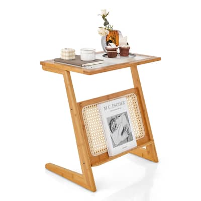 Gymax Z-shaped End Table Glass Top Bamboo Side Table w/ Magazine Rack