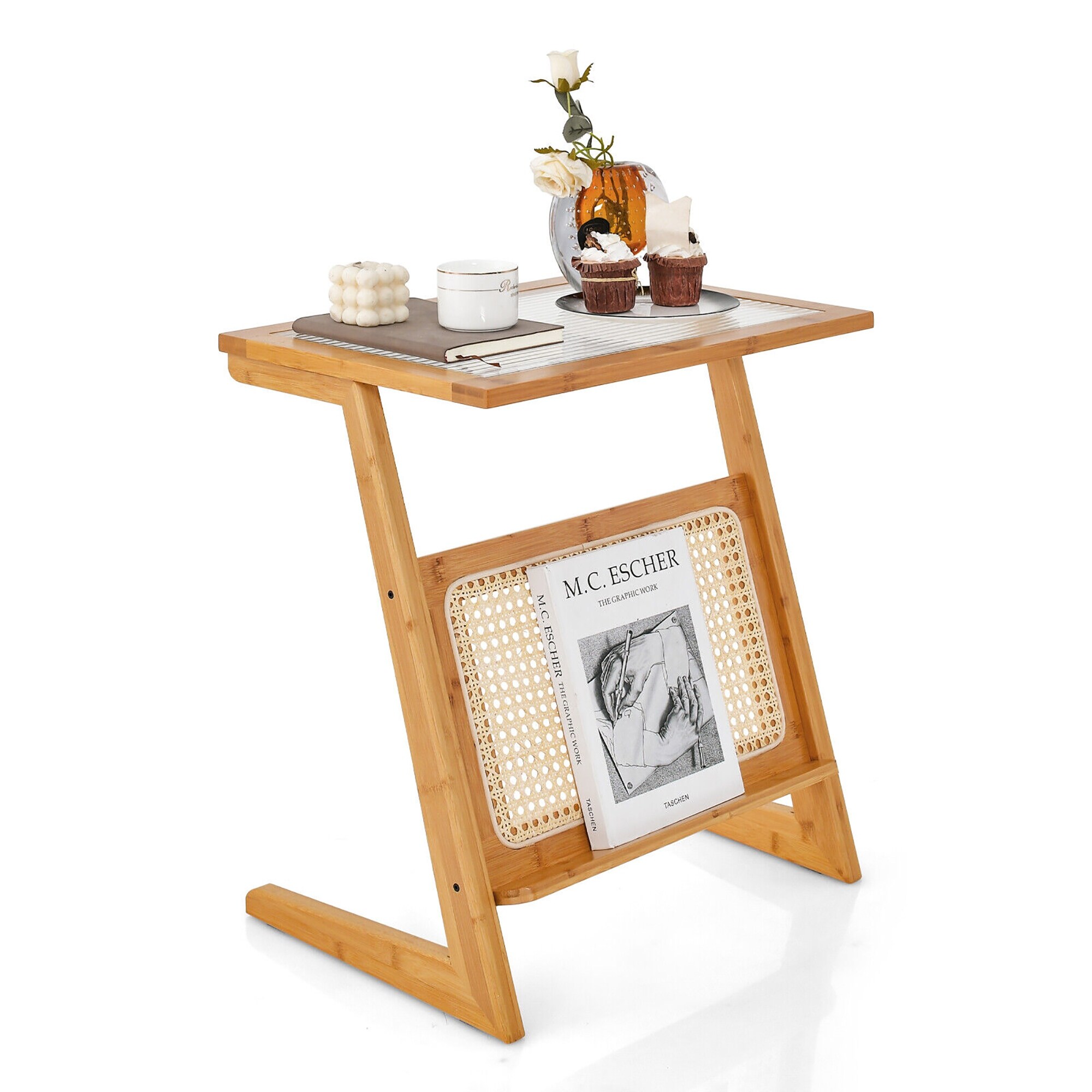 Gymax Z-shaped End Table Glass Top Bamboo Side Table w/ Magazine Rack