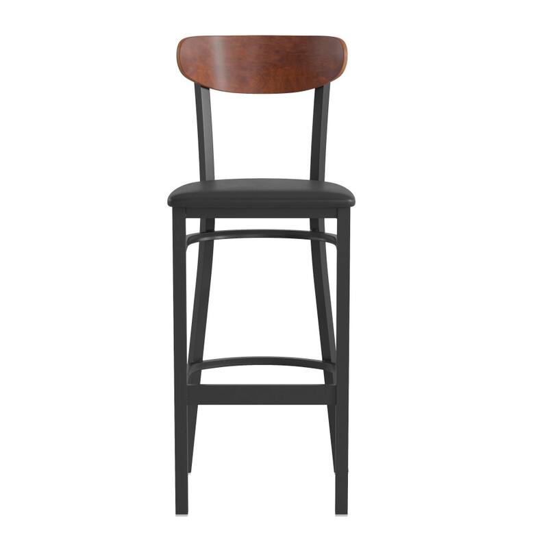 Commercial Metal Barstool with Wood Seat and Boomerang Back