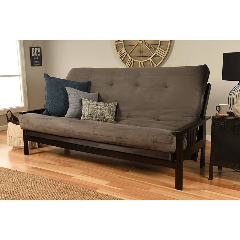 85 in. Espresso/Suede Gray Polyester Upholstered Queen Size Futon Set with Mattress