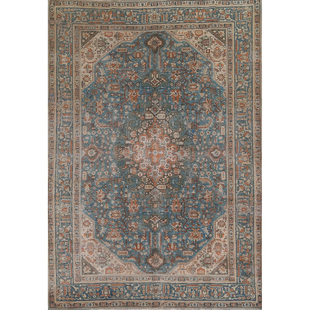 Blue Distressed Tabriz Vintage Persian Rug Hand-Knotted Wool Carpet - 8'1" x 11'2"
