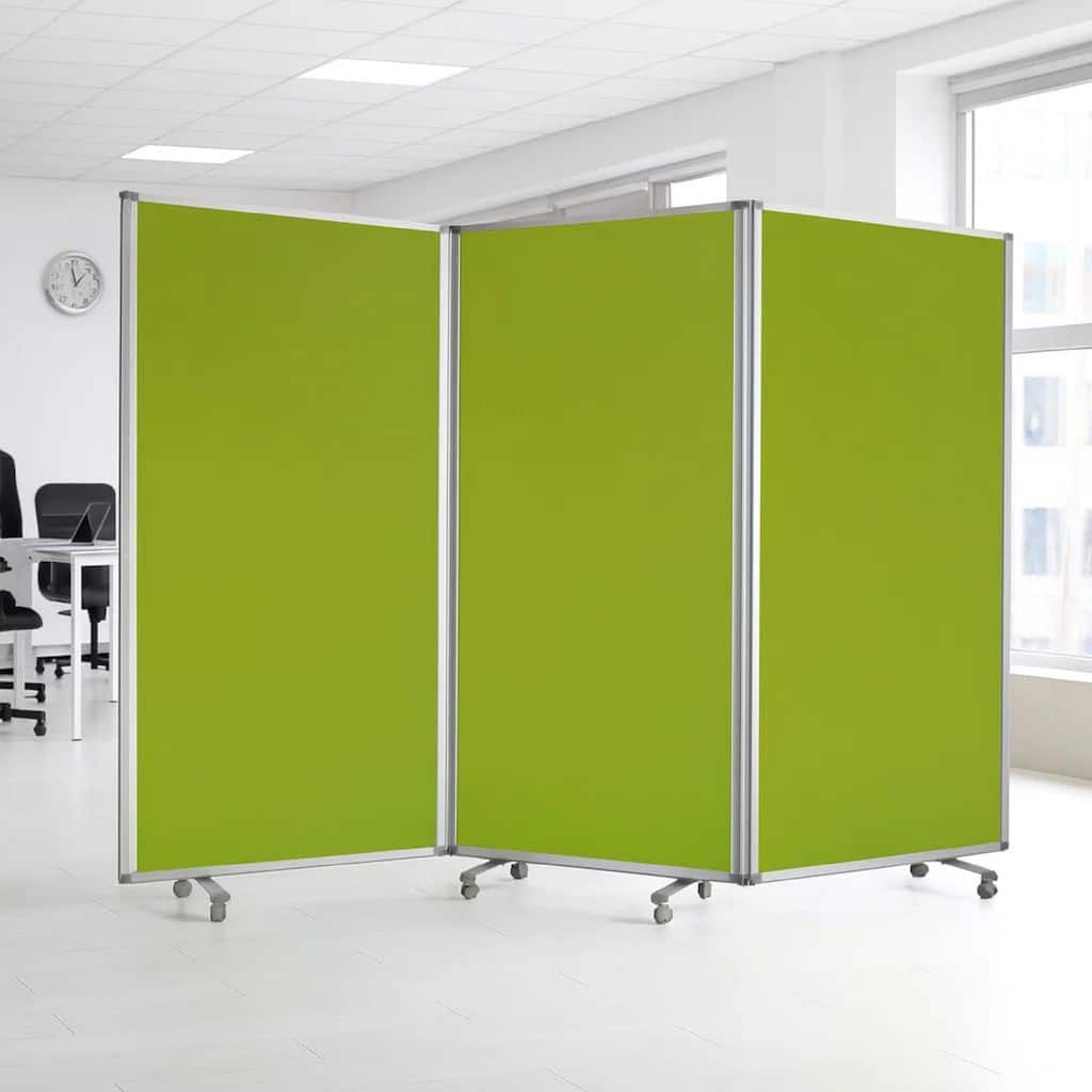Accordion Style Fabric Upholstered 3 Panel Room Divider, Green and Gray
