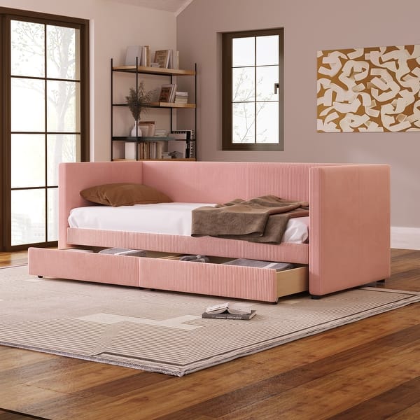 slide 2 of 11, Upholstered Twin Size Daybed with Storage for Living Room, Corduroy Fabric Wooden Bedframe w/2 Drawers & Wood Slat Support, Pink Pink - Twin
