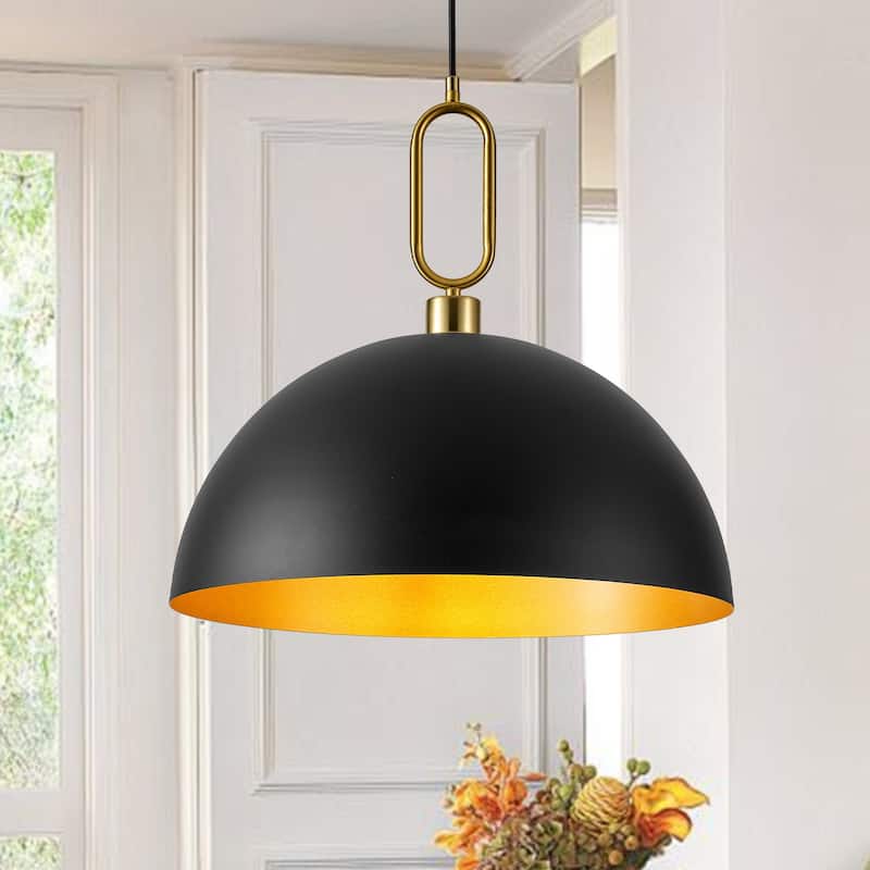 1-Light Industrial Metal Dome Pendant with Golden Ring Accent - Black