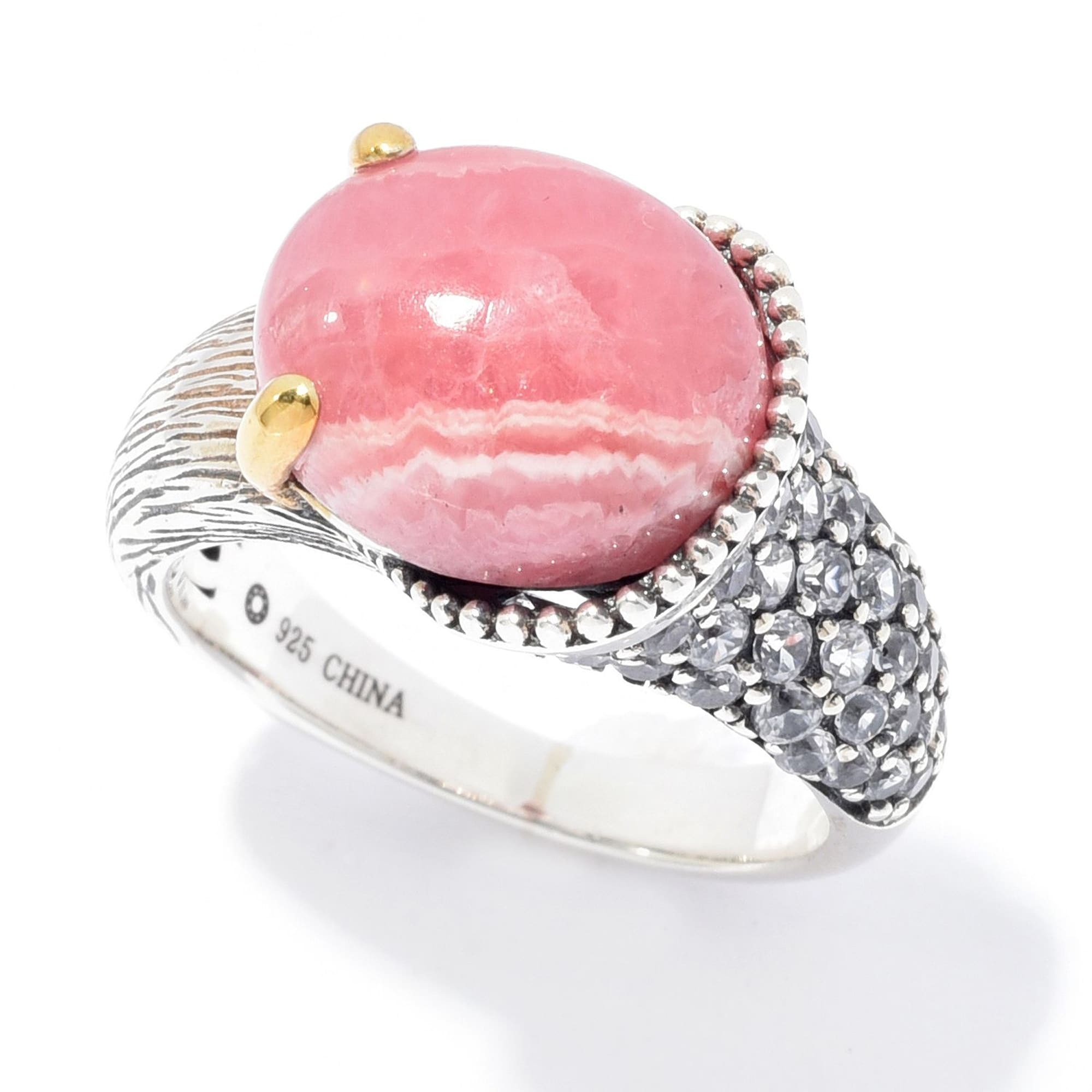 Pinctore 925 Sterling Silver White Natural Zircon and Rhodochrosite Ring