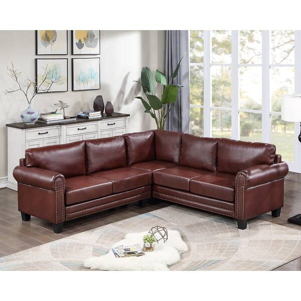 slide 2 of 9, Mid-Century Sectional Corner Sofa L-shape Couch with Scroll Arms & Rivet Ornament for Large Space Dorm Apartment
