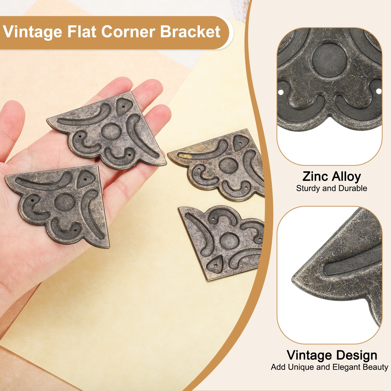 Vintage Decorative Corner Bracket, 4-Piece Set, Bronze, 2.09