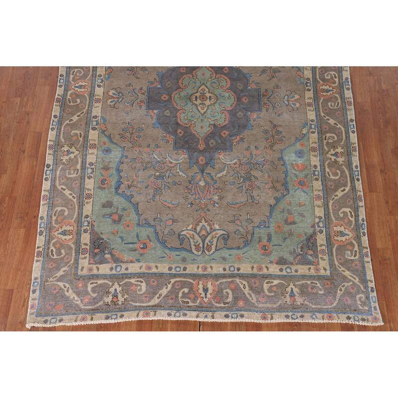 Tabriz Living Room Vintage Rug Handmade Wool Carpet - 6'5"x 9'6"