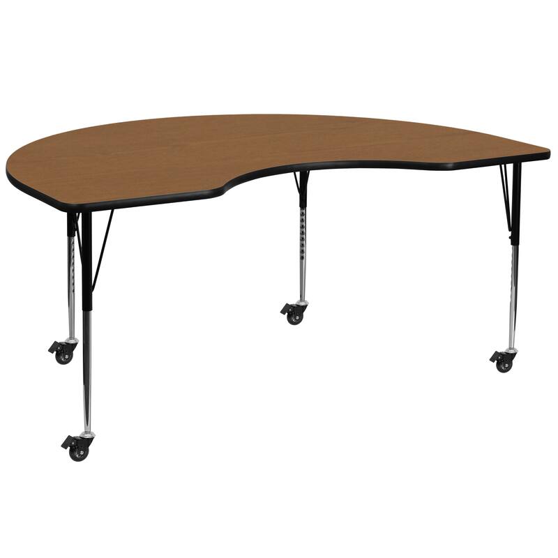 Mobile 48''W x 72''L Kidney Thermal Laminate Activity Table - Adjustable Legs - Oak
