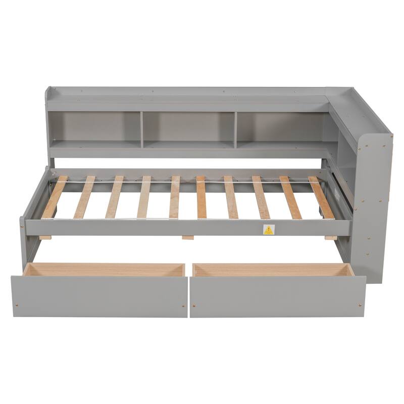 Twin/Full Size Bed with Storage Drawers and L-Shaped Bookshelves, Ideal for Kids or Guest Rooms, No Box Spring Needed