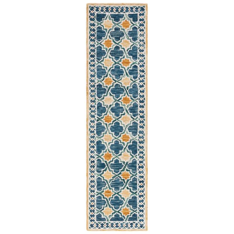 SAFAVIEH Handmade Aspen Inessa Boho Wool Rug - 2'3" x 9' Runner - Navy/Yellow