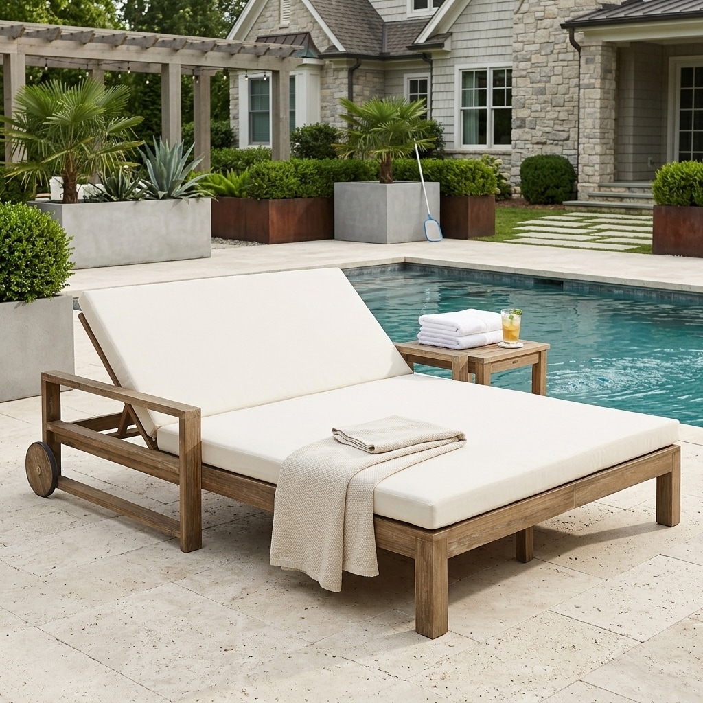 Farmhouse Acacia Wood Double Outdoor Sunbed with Adjustable Backrest by Leisure Zone