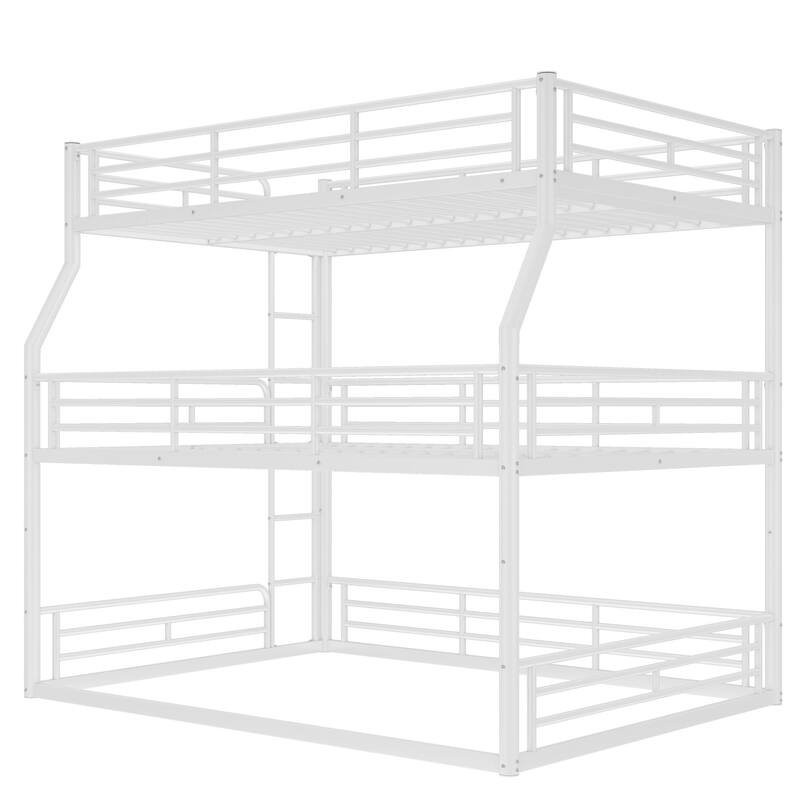 Full XL over Queen over Queen Bunk Bed, Metal Triple Bunk Bed with Safety Guardrails, Bunk Bed with Noise-reduced Design