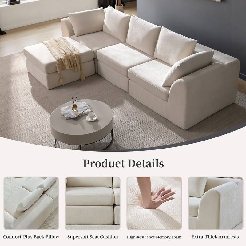 118 inch Oversized 3 Seater Deep Seat L-Shaped Sectional Couches Cloud Chenille Modular Boneless Sofa with Movable Ottoman