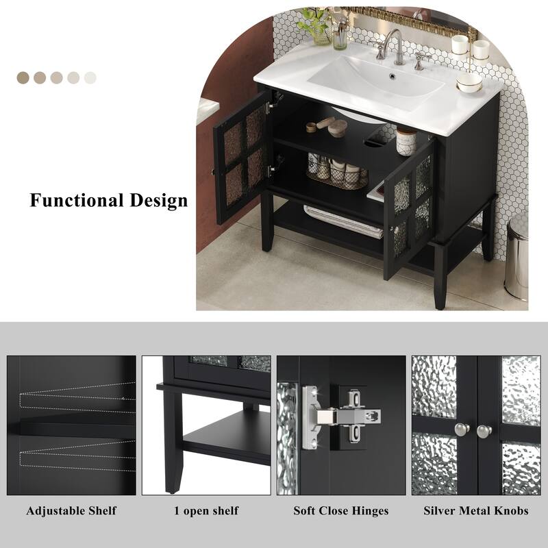 36" Bathroom Vanity with Ceramic Sink, Bathroom Vanity with Adjustable Shelf and Open Shelf, with Solid Wood Legs