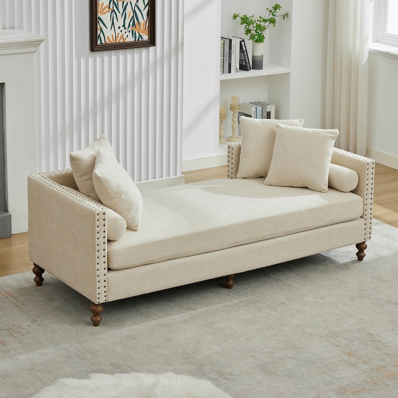 75.2"W Upholstered Chaise Lounge with Nailheads,Sleeper Sofa Couch With 4 Throw Pillows&2 Bolsters,Daybed with Rubberwood Legs