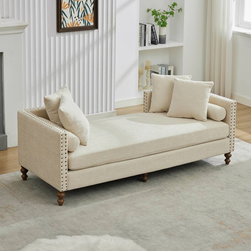 75.2"Wide Upholstered Chaise Lounge with Nailheads, Sleeper Sofa Couch With 4 Throw Pillows & 2 Bolsters, Rubberwood Legs