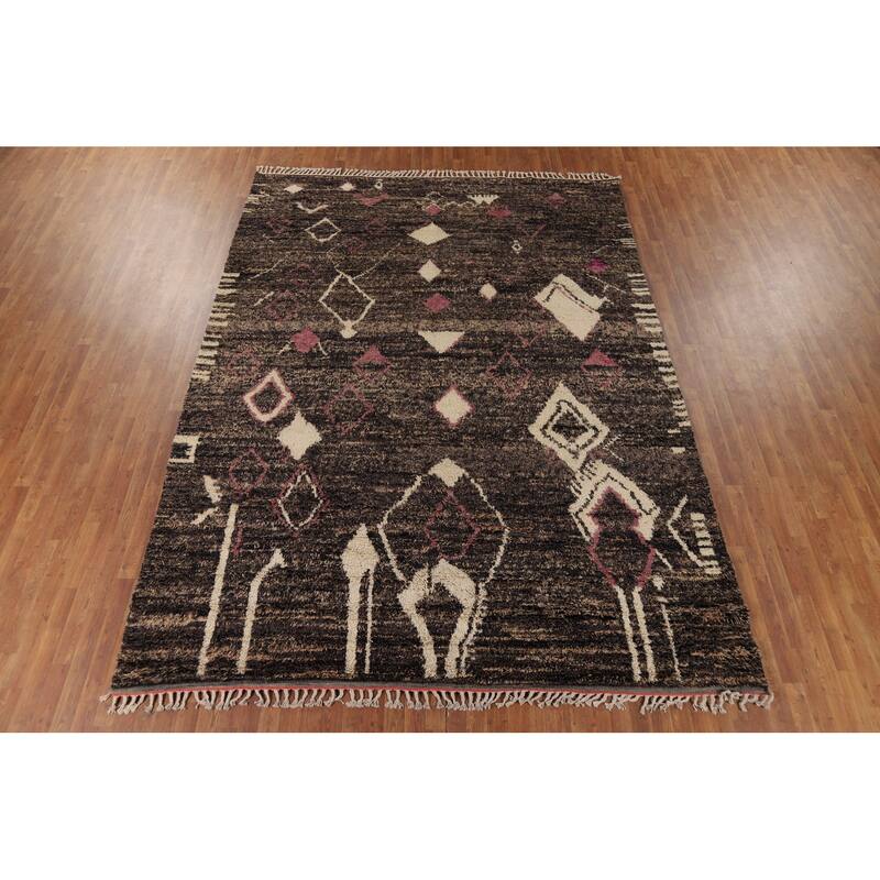 Brown Plush Moroccan Area Rug Hand-Knotted Living Room Wool Carpet - 9'0" x 12'5"