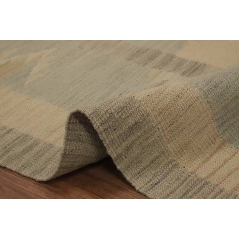 Hand Woven Oriental 100% Wool Carpet Southwestern Tribal Beige & Ivories Kilim Area Rug - 9' 7'' X 6' 10''