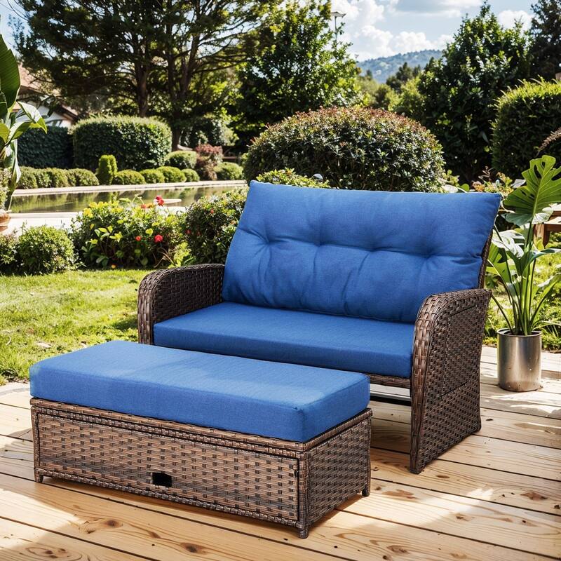 Outdoor Patio Lounge Chair with Ottomans - Brown - Blue