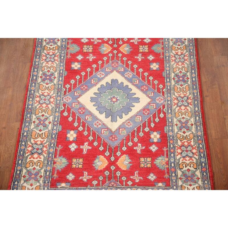 Geometric Kazak Rug Hand-Knotted Traditional Foyer Wool Carpet - 3'4"x 4'10"