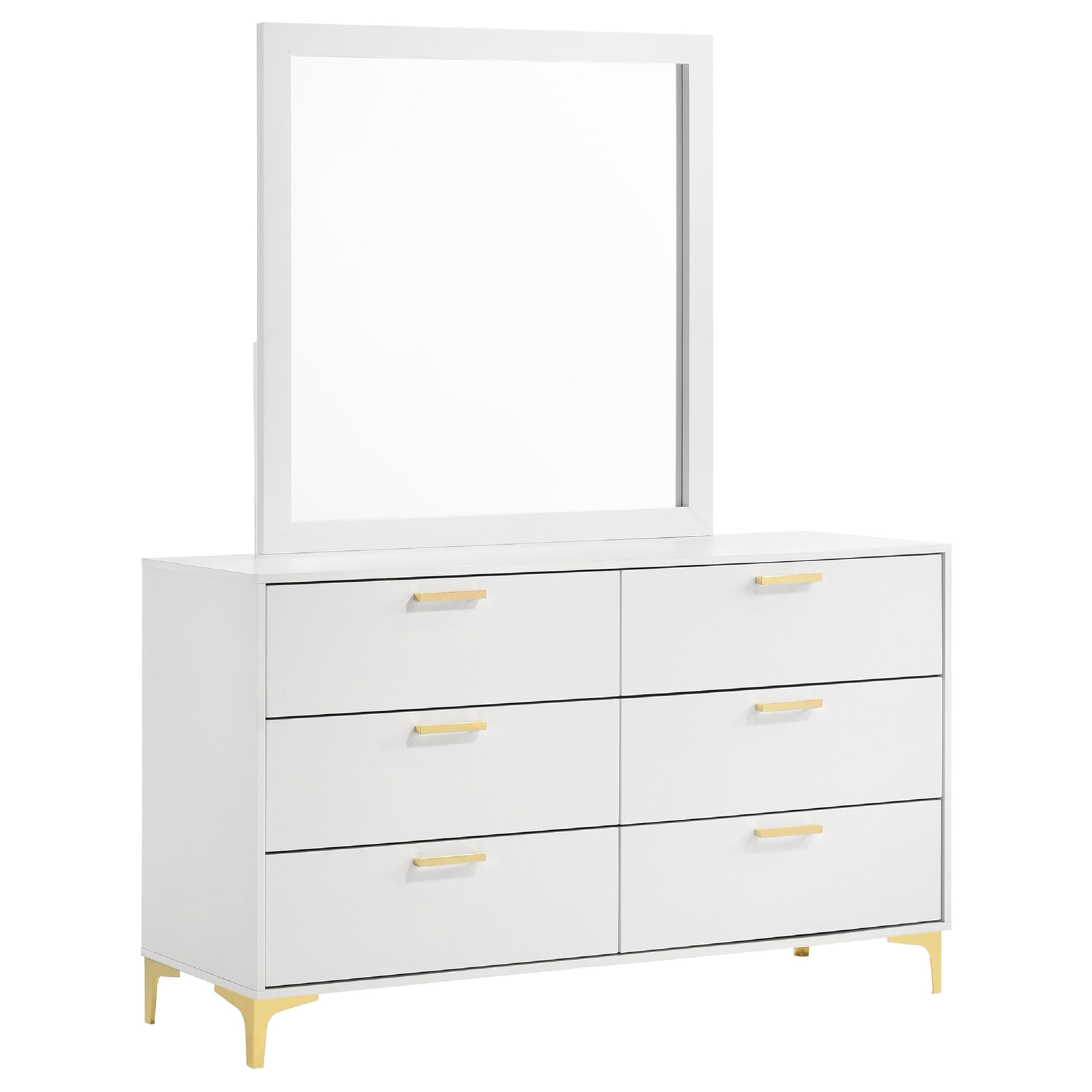 Dle Wide Dresser with Mirror, Gold Bracket Legs, Modern White Finish