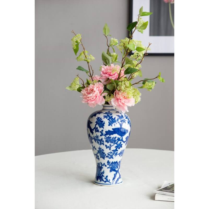 Floral Bird Porcelain Vase - 13" - Blue and White